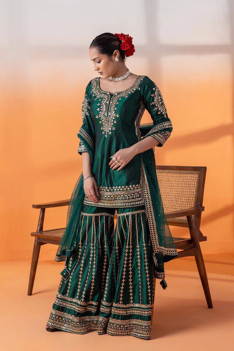 Dark Green Color Chinon Silk Heavy Sharara Suits