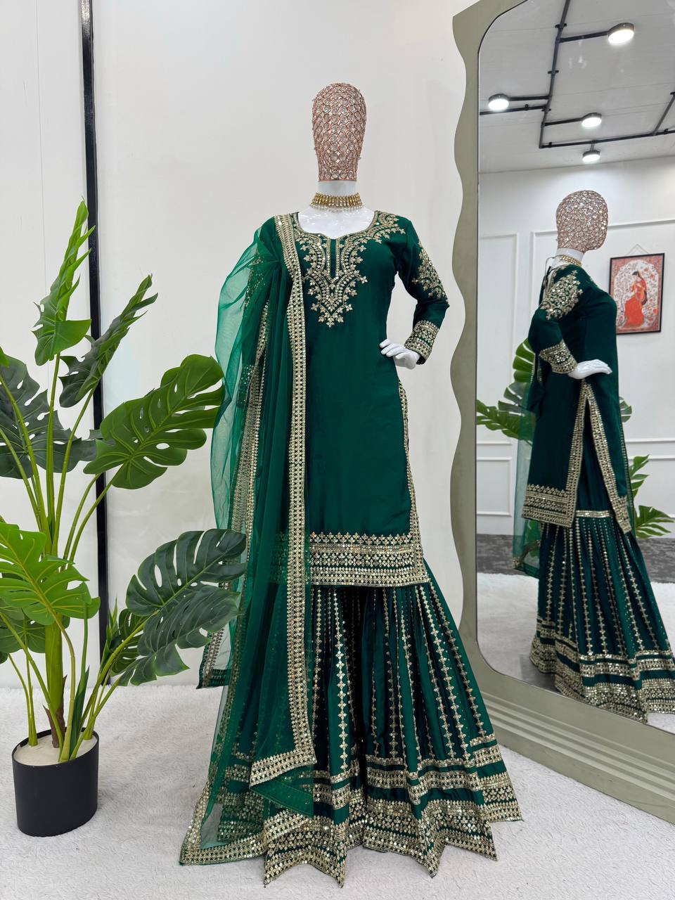 Dark Green Color Chinon Silk Heavy Sharara Suits