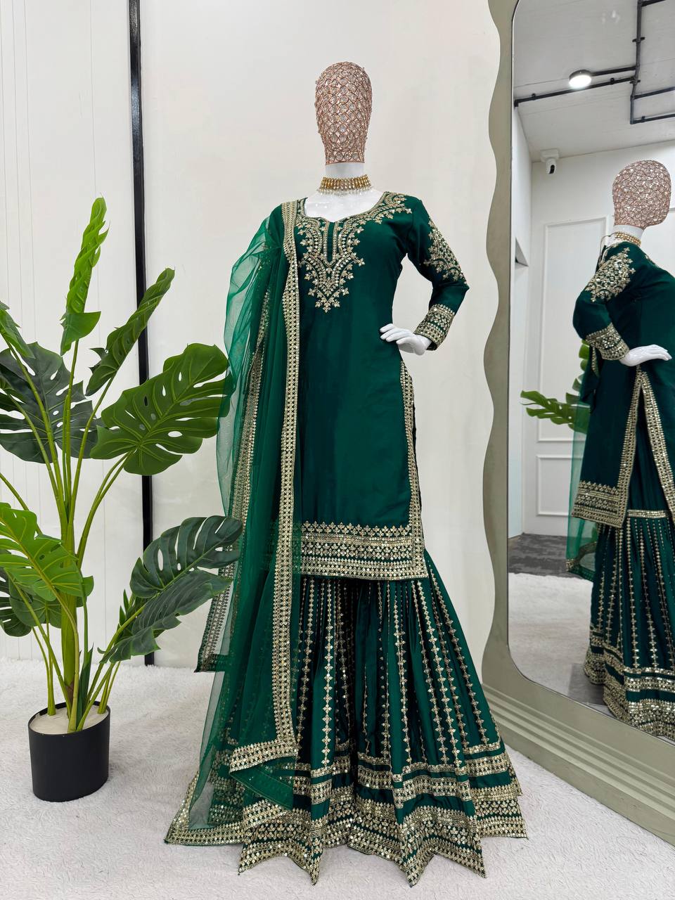 Dark Green Color Chinon Silk Heavy Sharara Suits