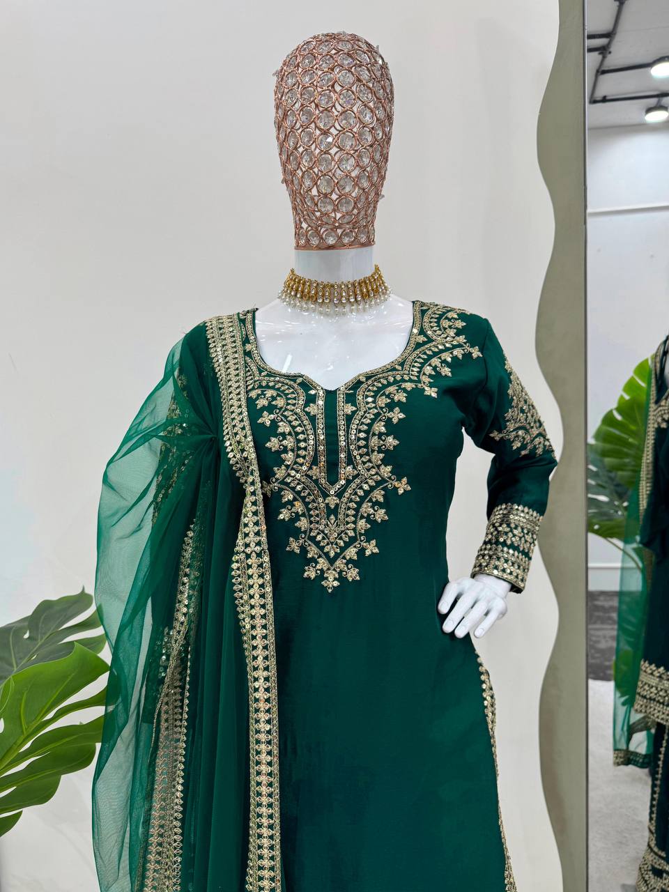 Dark Green Color Chinon Silk Heavy Sharara Suits