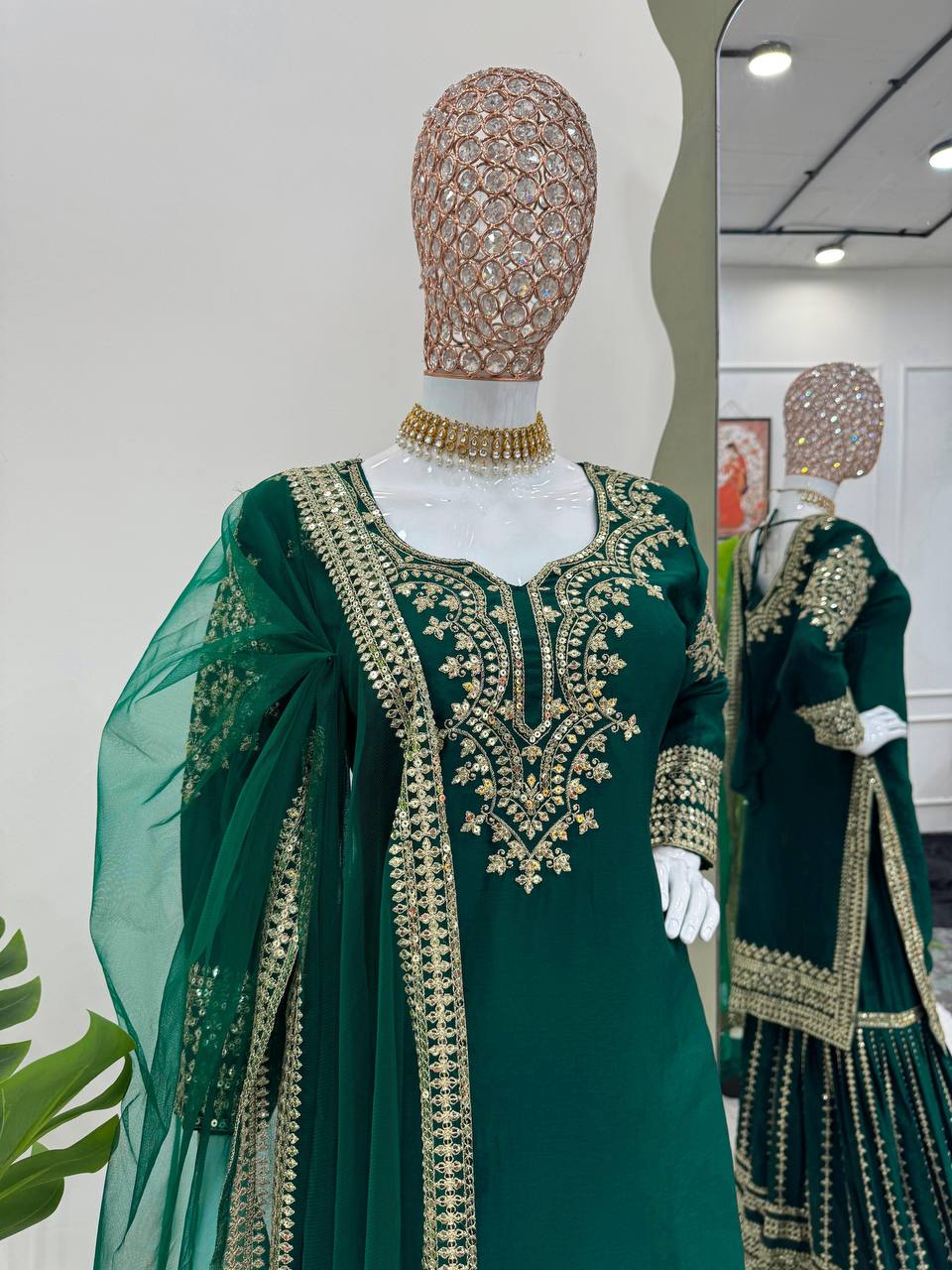 Dark Green Color Chinon Silk Heavy Sharara Suits