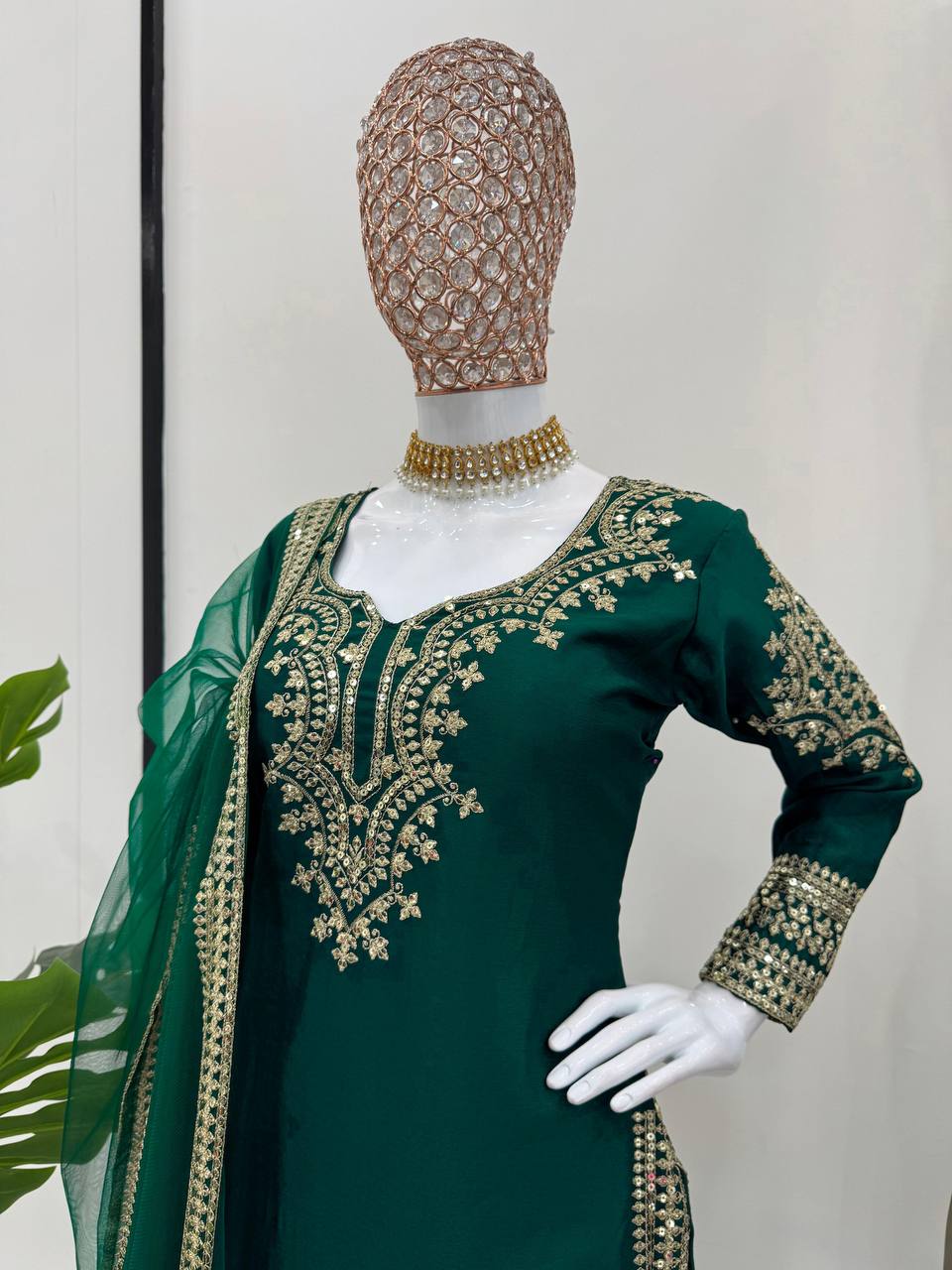 Dark Green Color Chinon Silk Heavy Sharara Suits