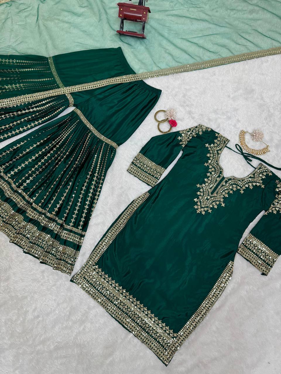 Dark Green Color Chinon Silk Heavy Sharara Suits