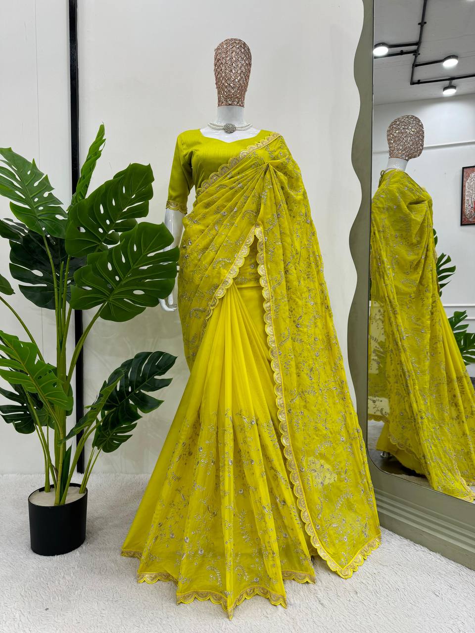 Yellow Color Coding Srquence Work Designer Heavy Saree