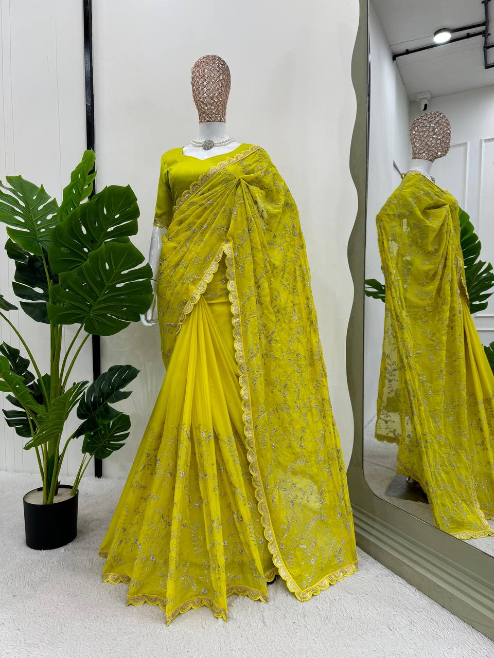 Yellow Color Coding Srquence Work Designer Heavy Saree