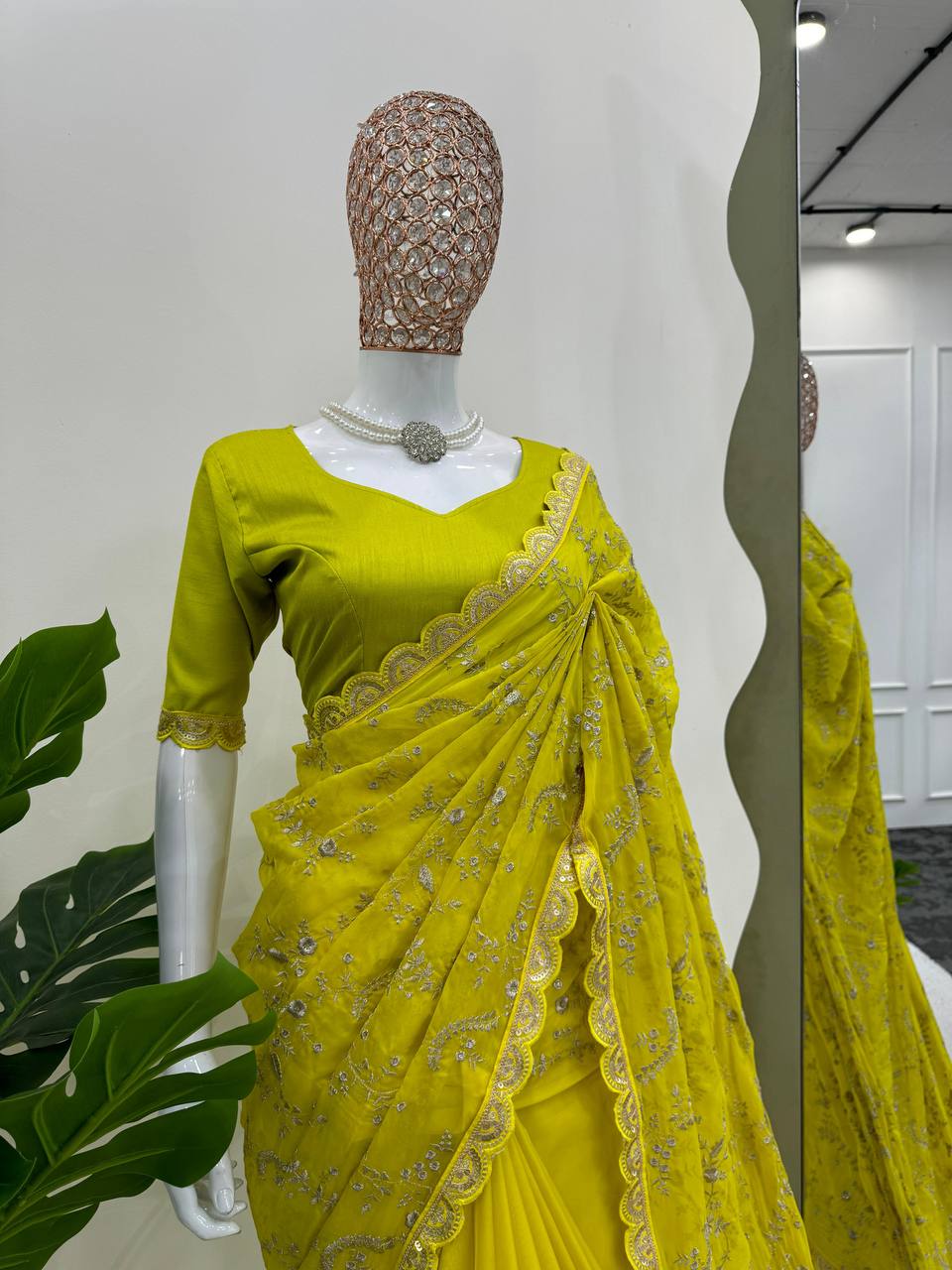 Yellow Color Coding Srquence Work Designer Heavy Saree