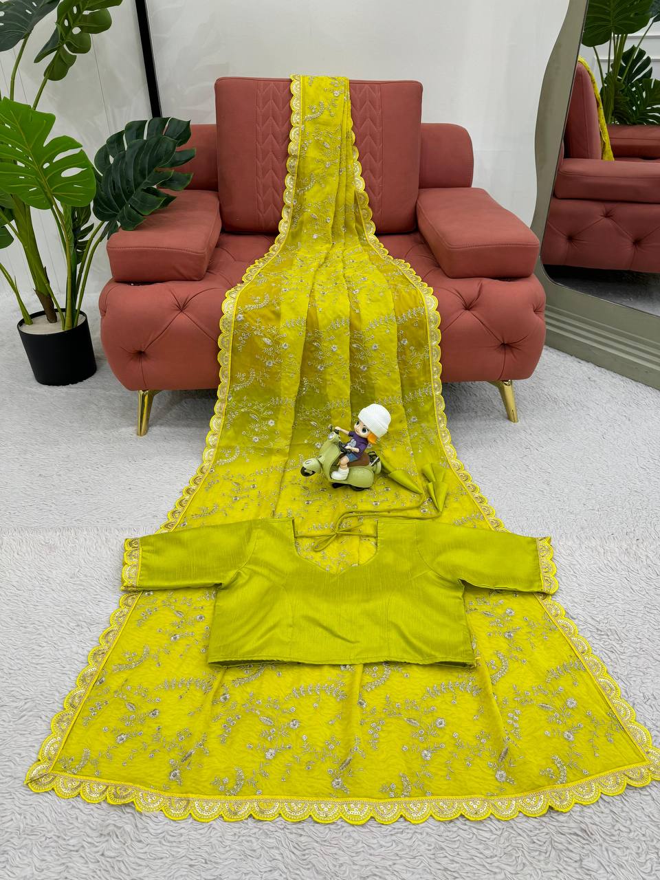 Yellow Color Coding Srquence Work Designer Heavy Saree