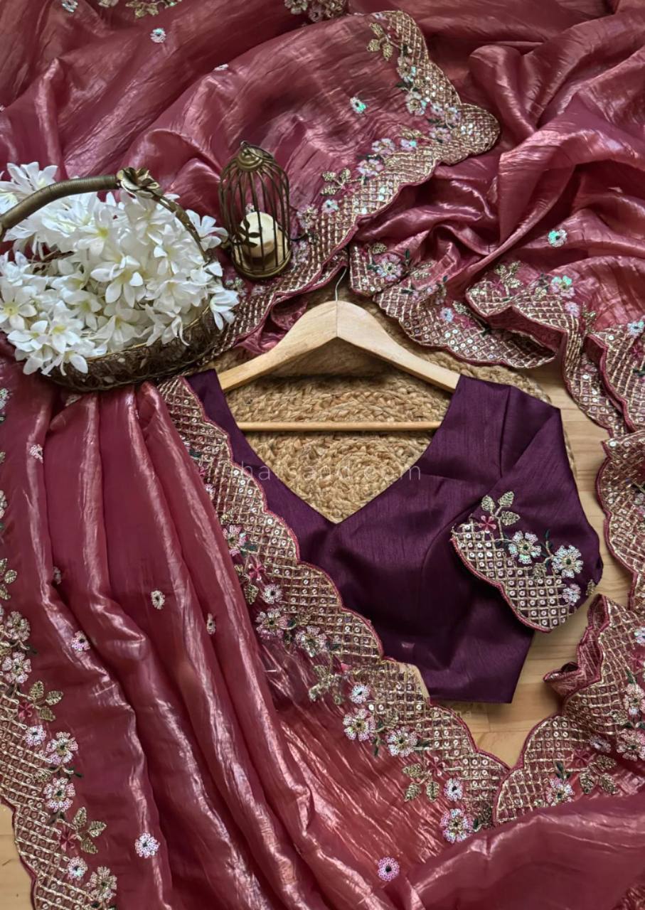 Brown Color Crunchy Silk Designer Saree