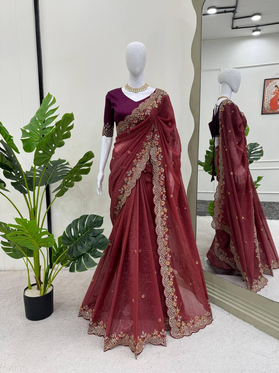 Brown Color Crunchy Silk Designer Saree