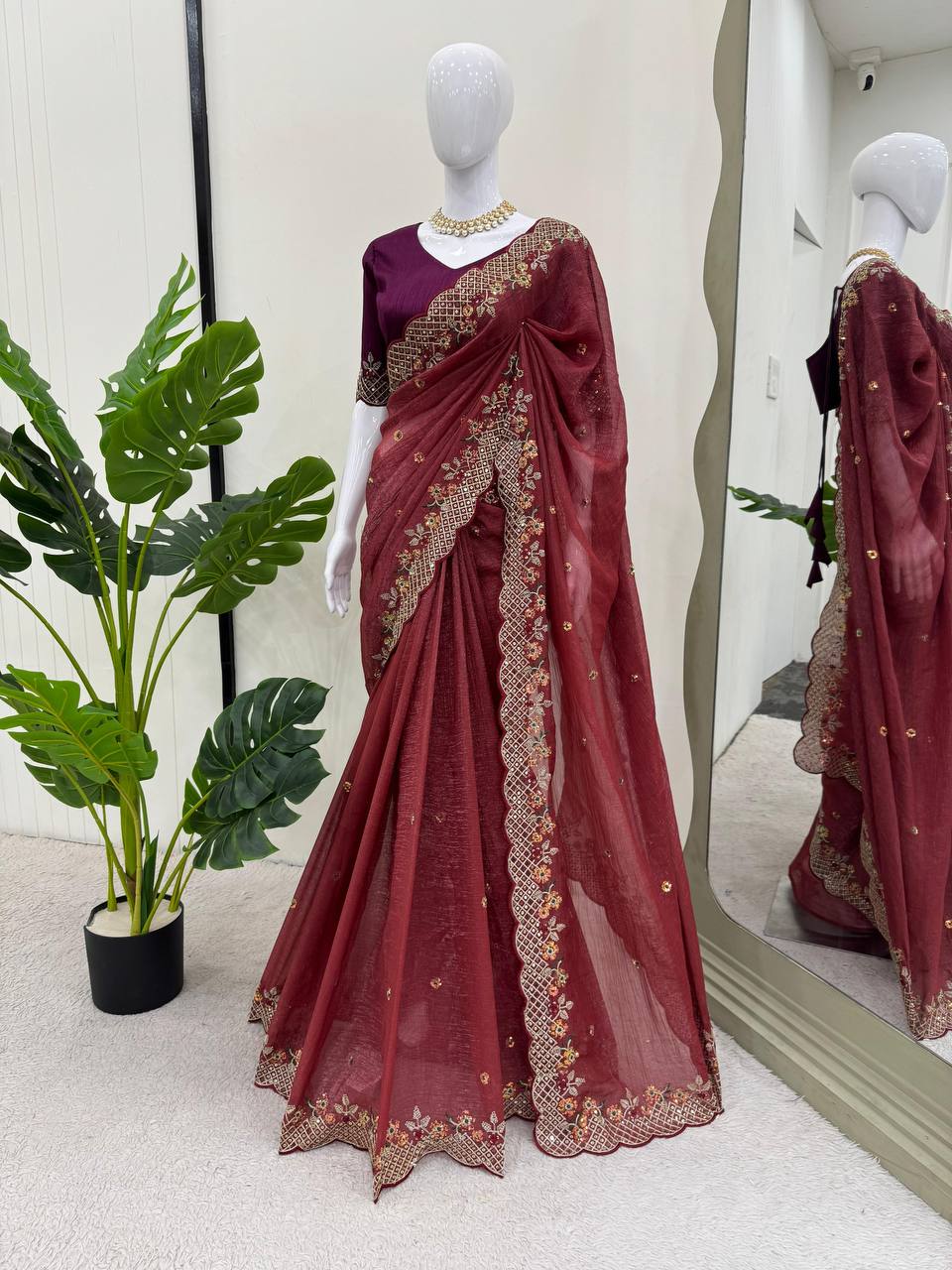 Brown Color Crunchy Silk Designer Saree