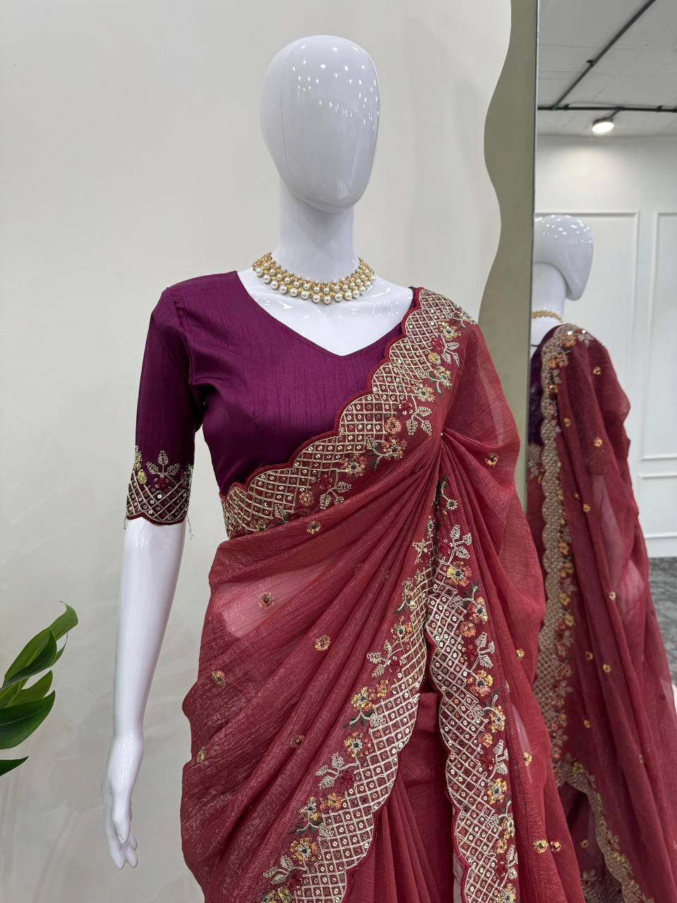 Brown Color Crunchy Silk Designer Saree