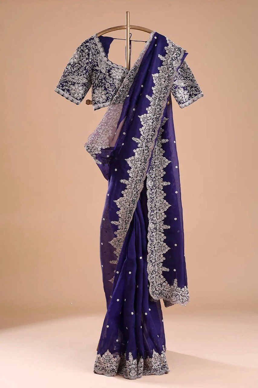 Purple Color Heavy Thraed Sequence Work Wedding Wear Saree