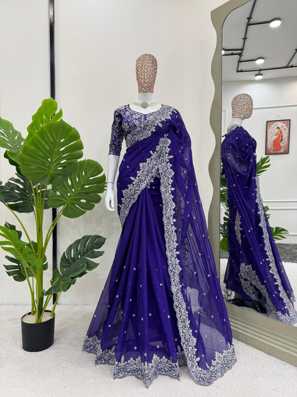 Purple Color Heavy Thraed Sequence Work Wedding Wear Saree