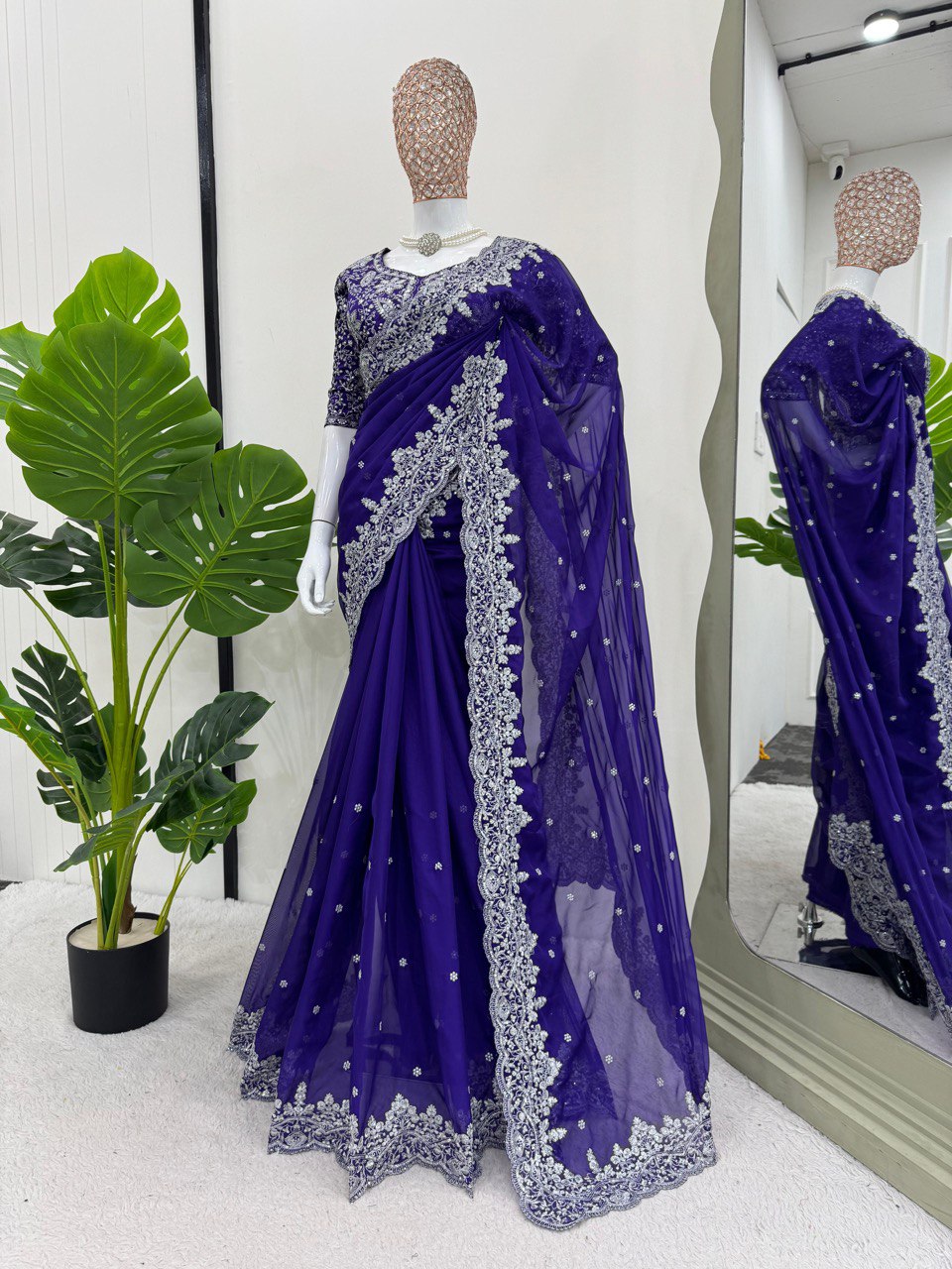 Purple Color Heavy Thraed Sequence Work Wedding Wear Saree