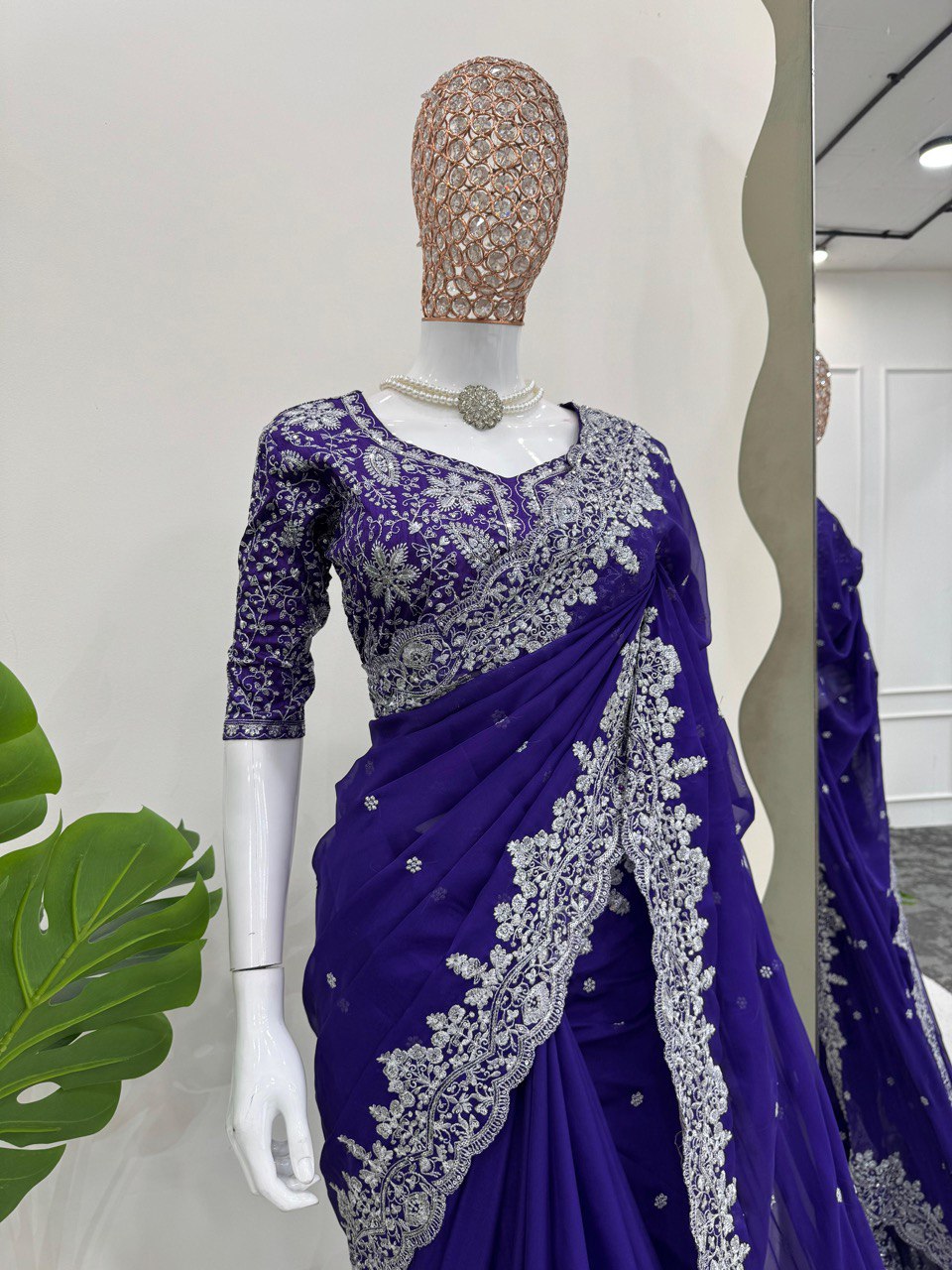 Purple Color Heavy Thraed Sequence Work Wedding Wear Saree