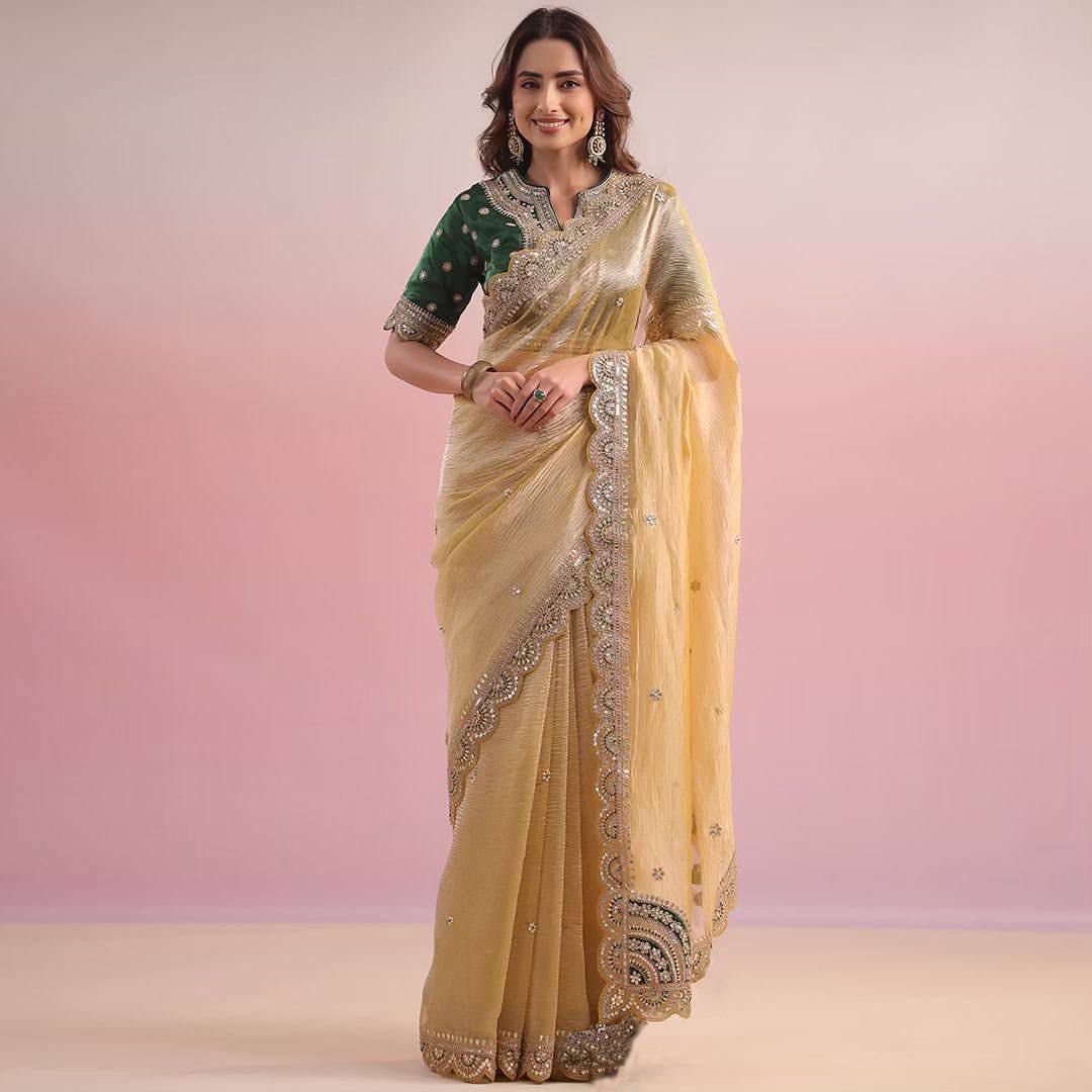 Cream Color Designer Coding Sequence Work Net Saree