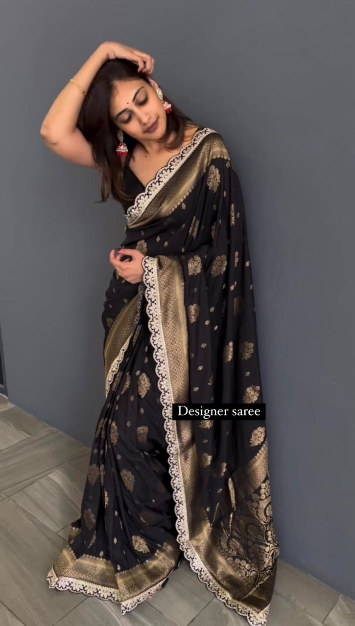 Black Color Jacquard Designer Printed Silk Saree