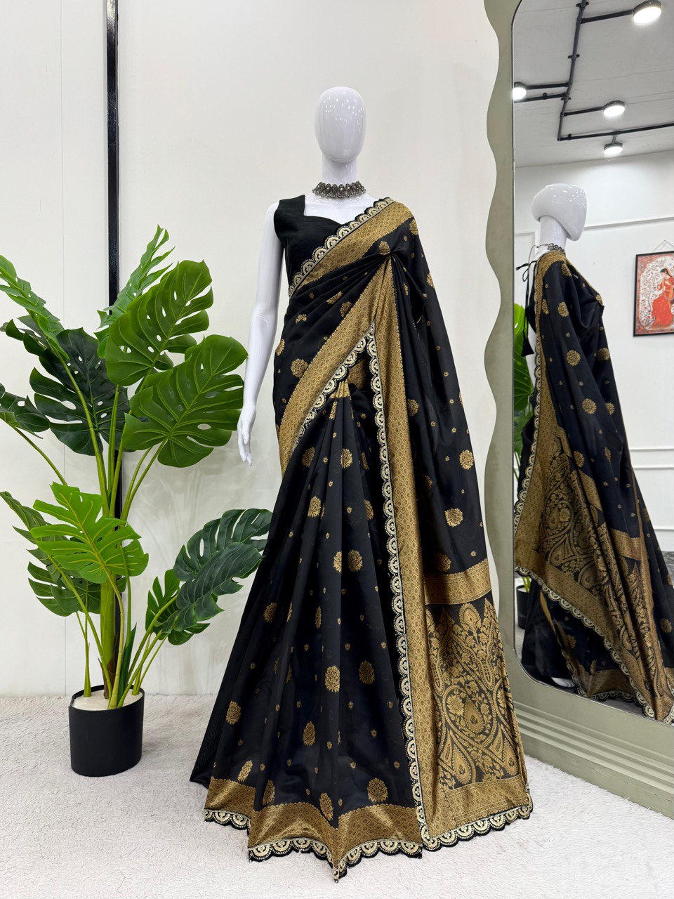 Black Color Jacquard Designer Printed Silk Saree