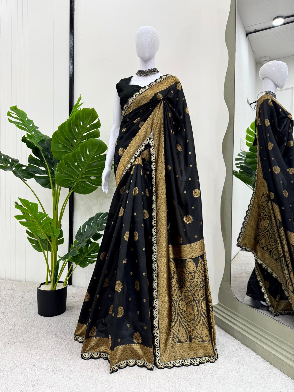 Black Color Jacquard Designer Printed Silk Saree