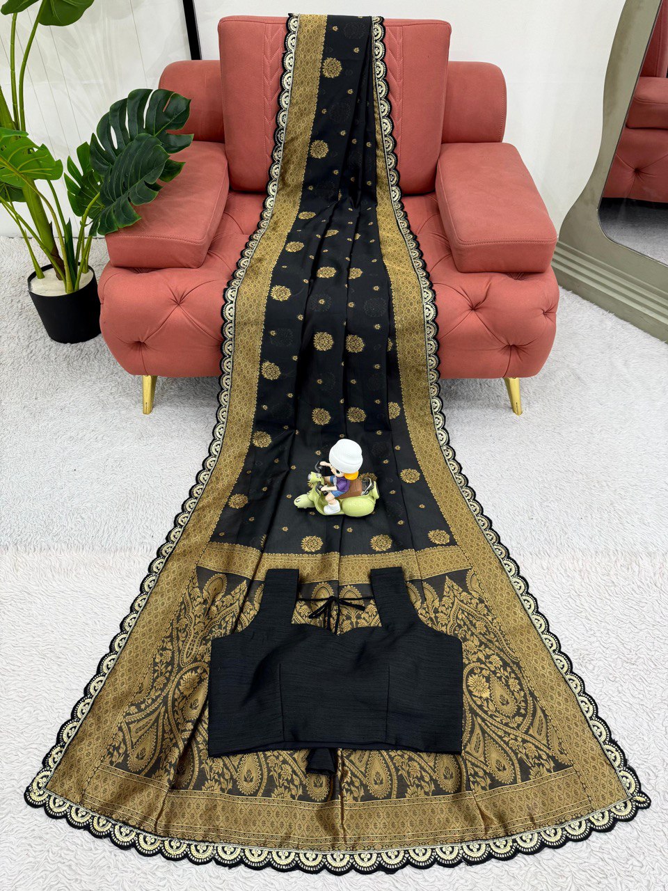 Black Color Jacquard Designer Printed Silk Saree