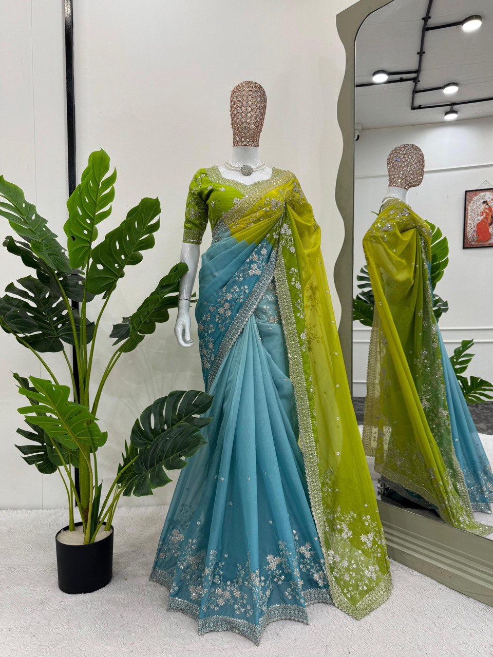 Green-Blue Color Designer Heavy Sequence Work Trendy Saree