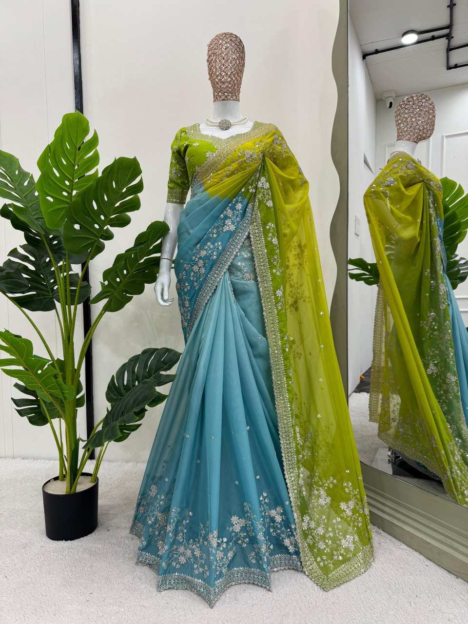 Green-Blue Color Designer Heavy Sequence Work Trendy Saree