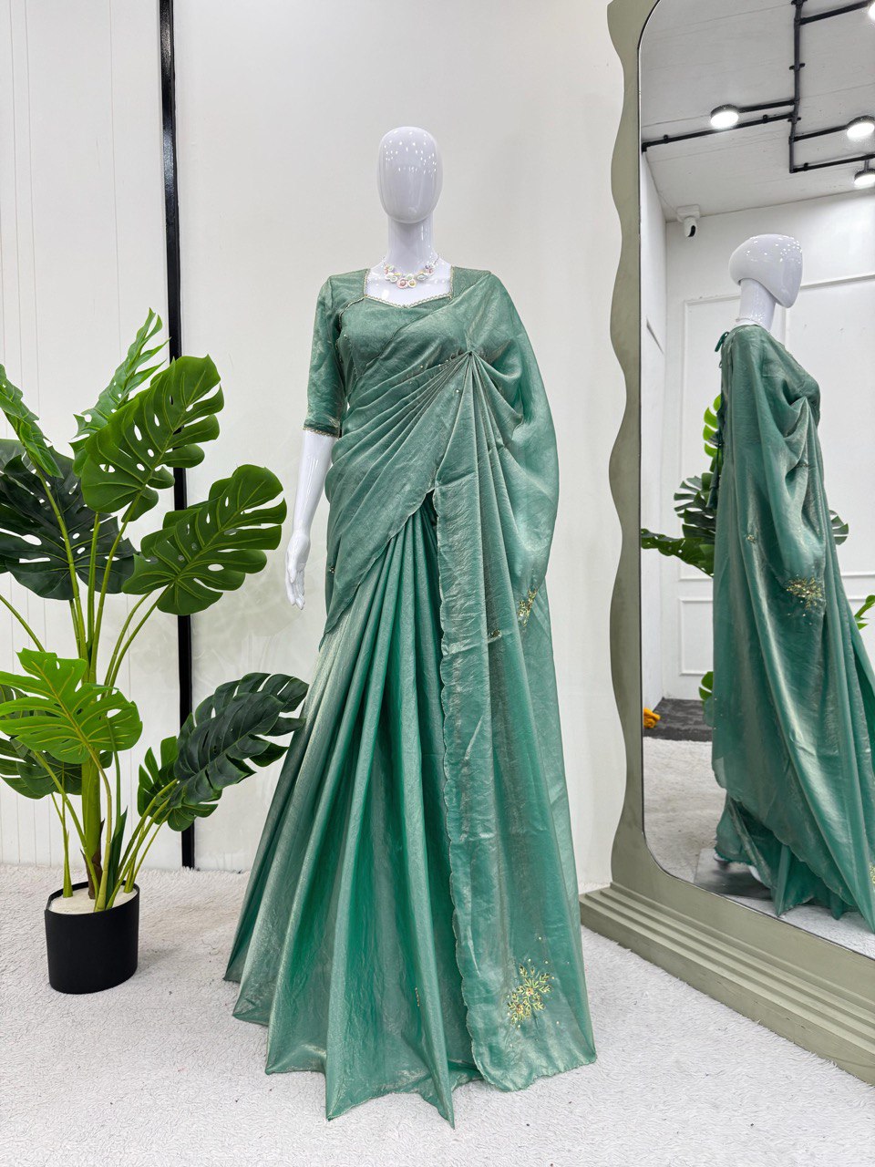 Rama Green Color Fancy Silk Hand Work Beautiful Heavy Saree