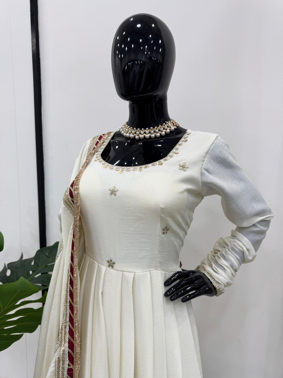 White Color Chinon Silk Wedding Wear Sequence Work Anarkali Gown