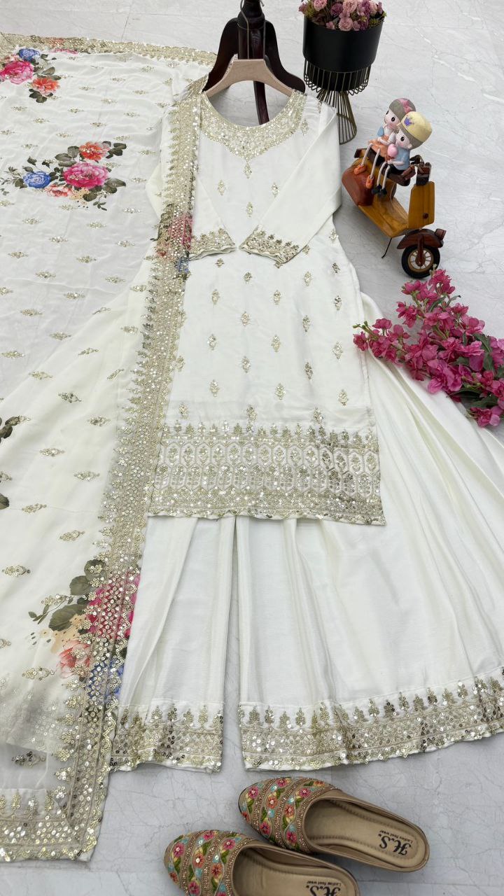 White Color Embroidery Work Designer Chinon Silk Sharara Set