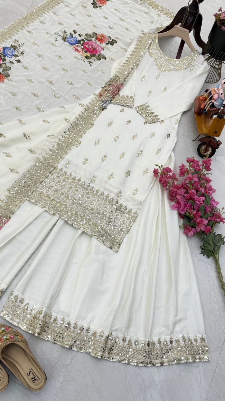 White Color Embroidery Work Designer Chinon Silk Sharara Set