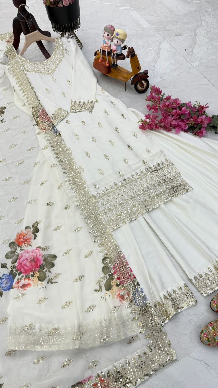 White Color Embroidery Work Designer Chinon Silk Sharara Set