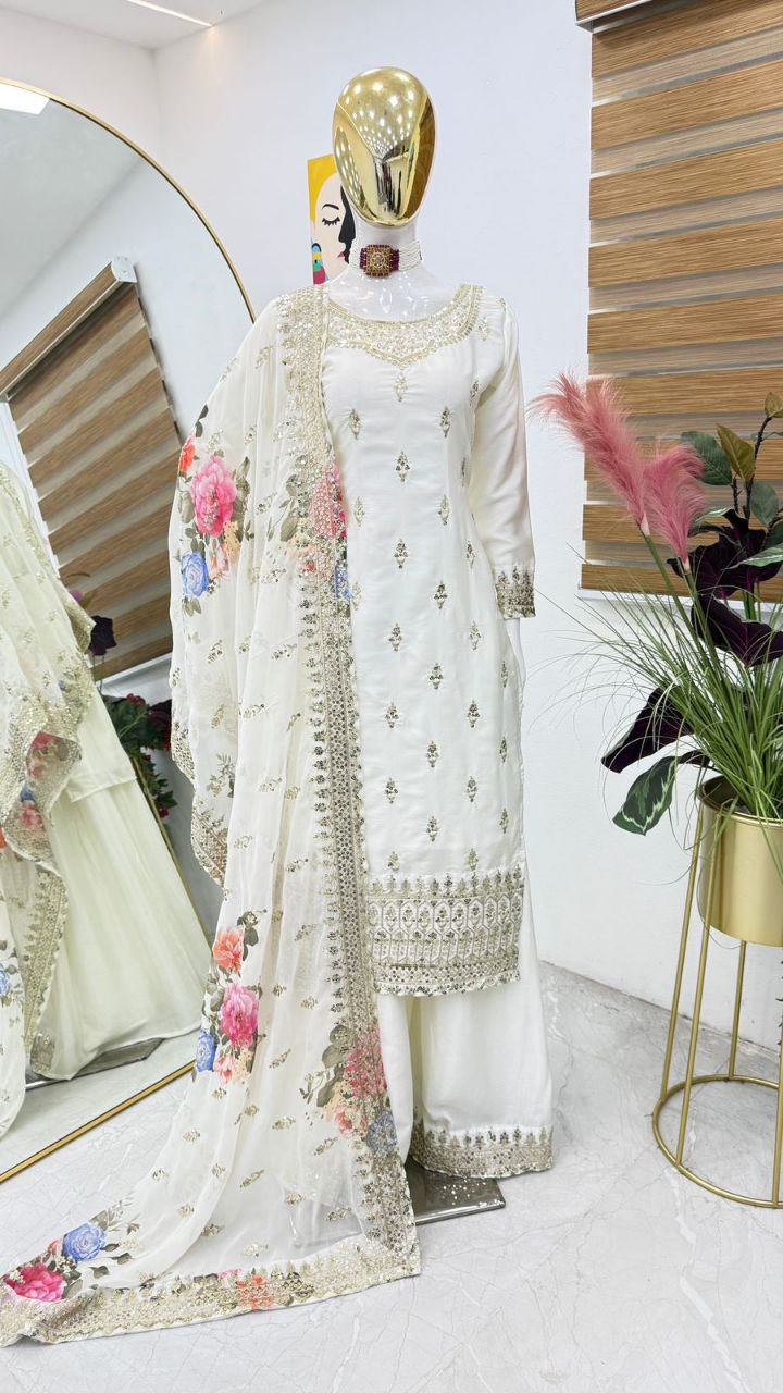 White Color Embroidery Work Designer Chinon Silk Sharara Set