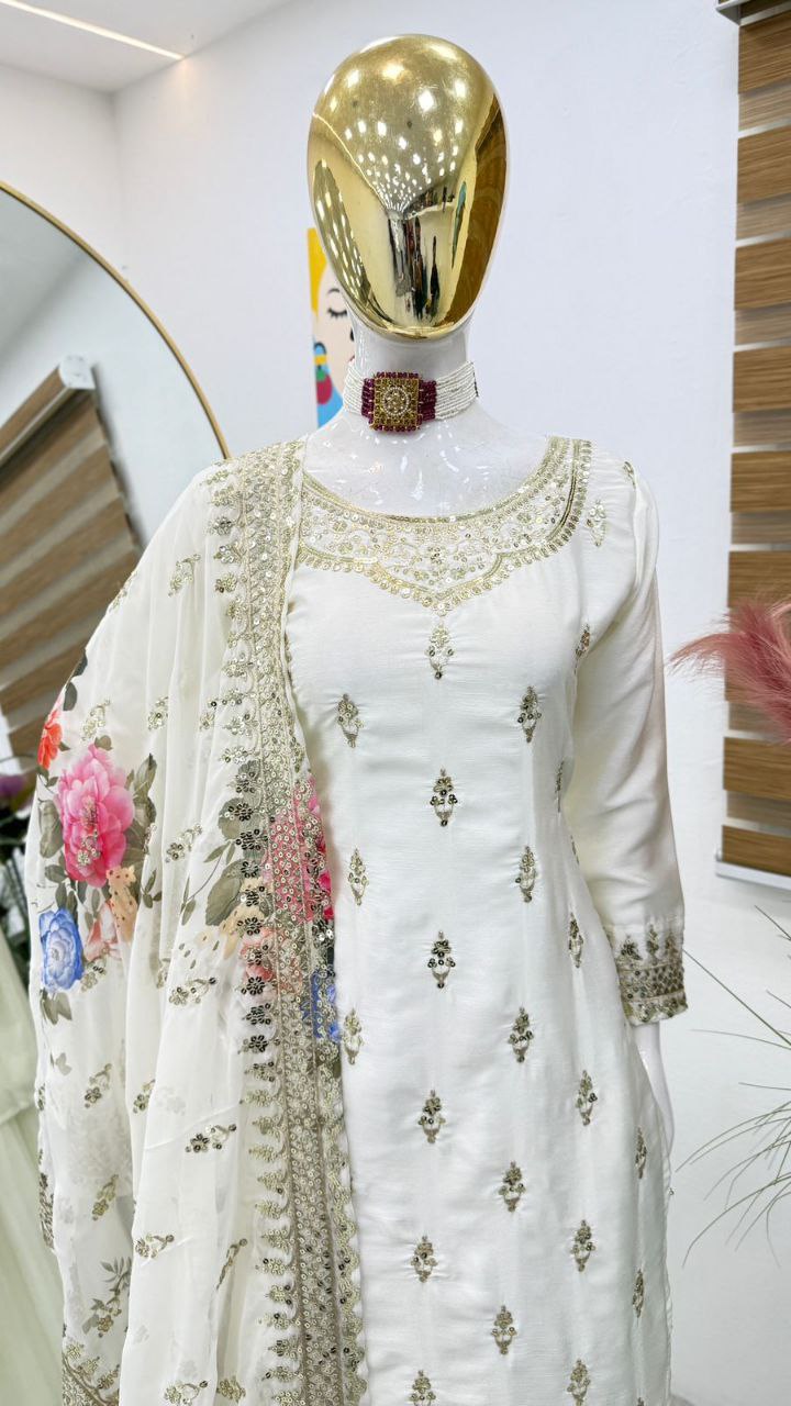 White Color Embroidery Work Designer Chinon Silk Sharara Set