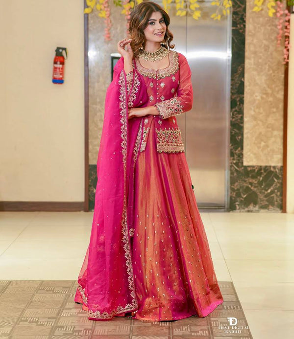 Pink Color Embroidery Designer Wedding Wear Lehenga Set
