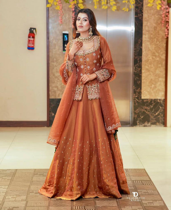 Orange Color Embroidery Designer Wedding Wear Lehenga Set