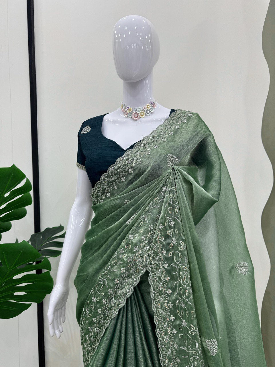 Green Color Organza Silk With Thred Sequnce wok Designer Saree