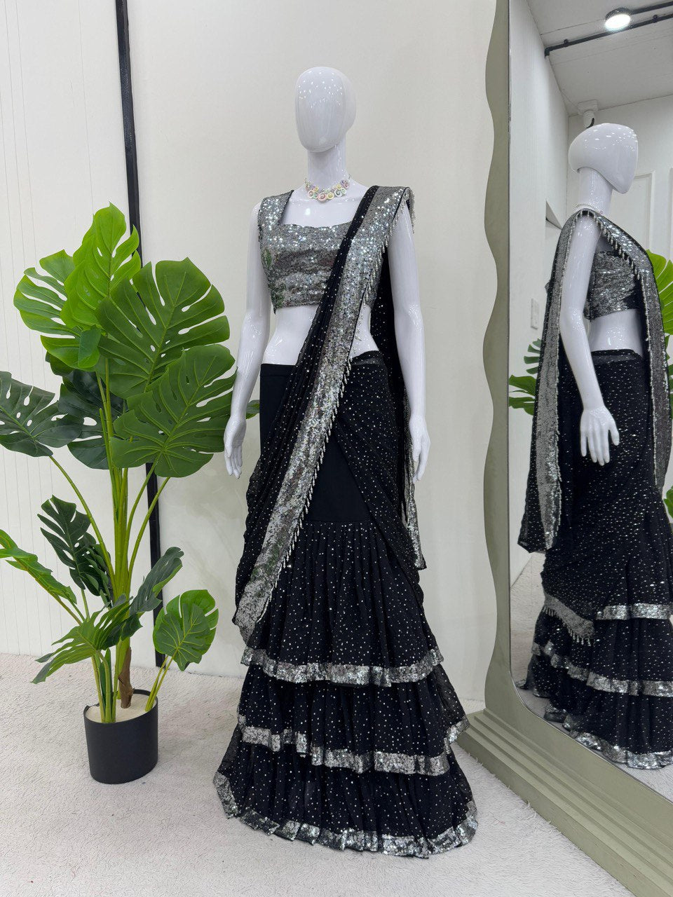 Black Color Tread Wirh Sequence Fancy Lace Broder Lehenga Saree