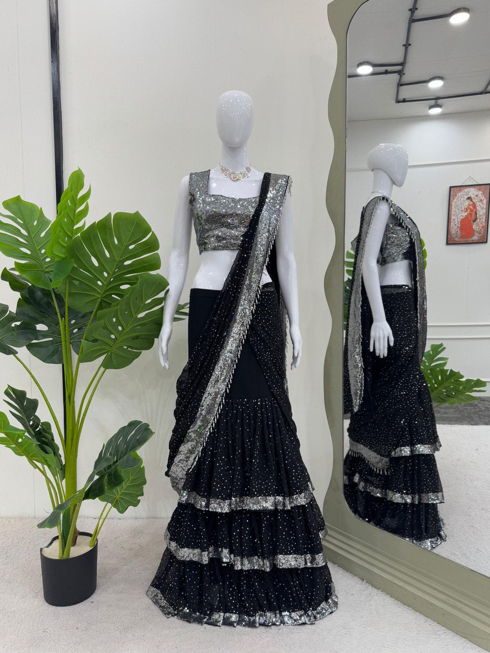 Black Color Tread Wirh Sequence Fancy Lace Broder Lehenga Saree