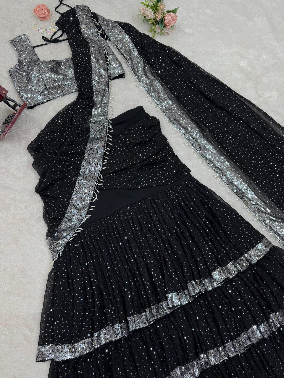 Black Color Tread Wirh Sequence Fancy Lace Broder Lehenga Saree