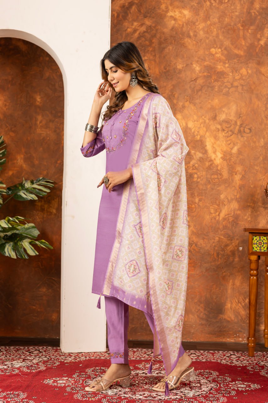Lavender Color Embroidery Thread Work Designer Salwar Suit