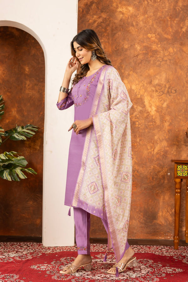 Lavender Color Embroidery Thread Work Designer Salwar Suit
