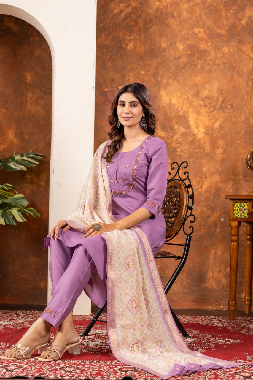 Lavender Color Embroidery Thread Work Designer Salwar Suit