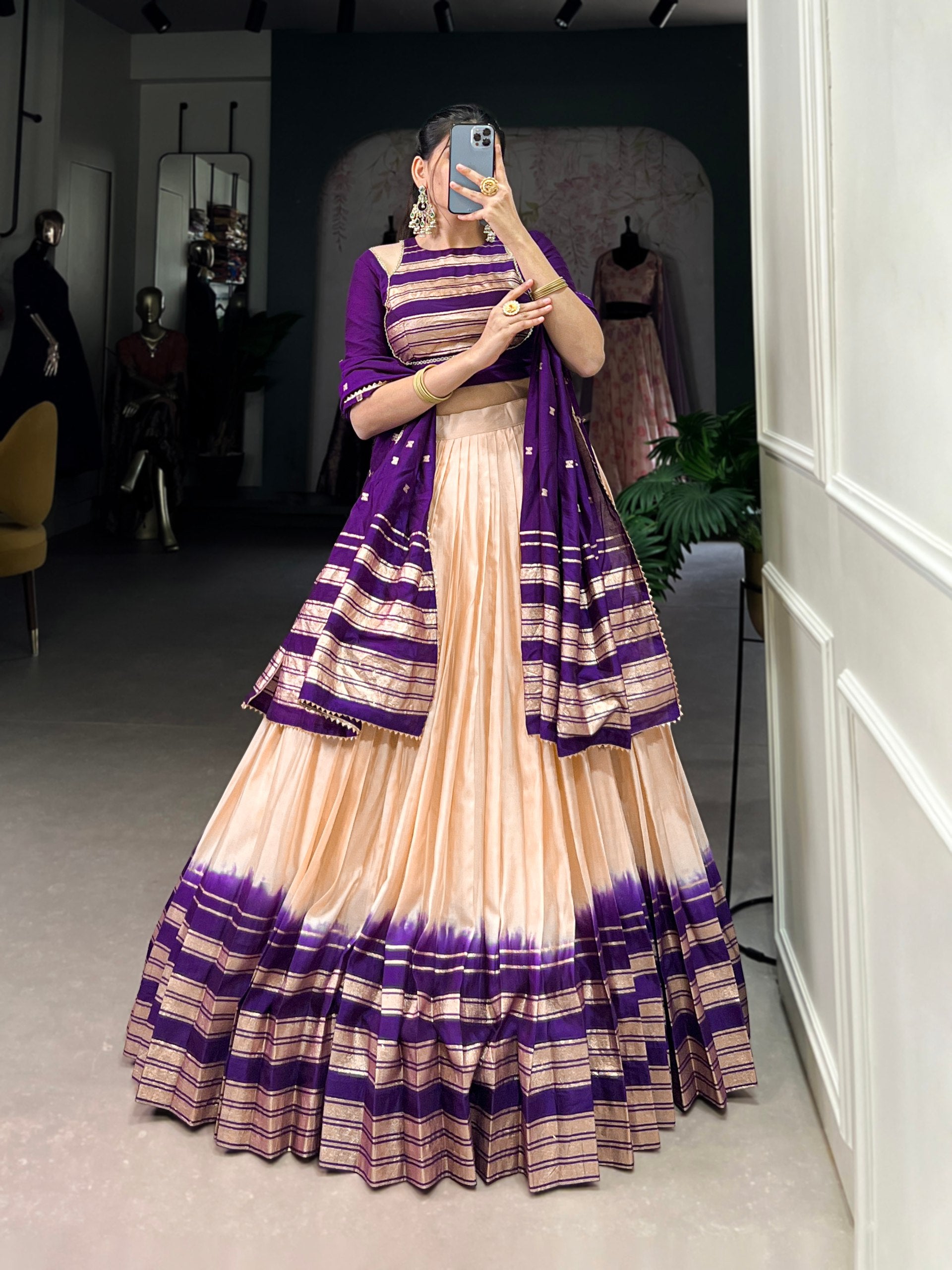 Cream-Purple Color Zari Weaving Designer Lehenga Choli