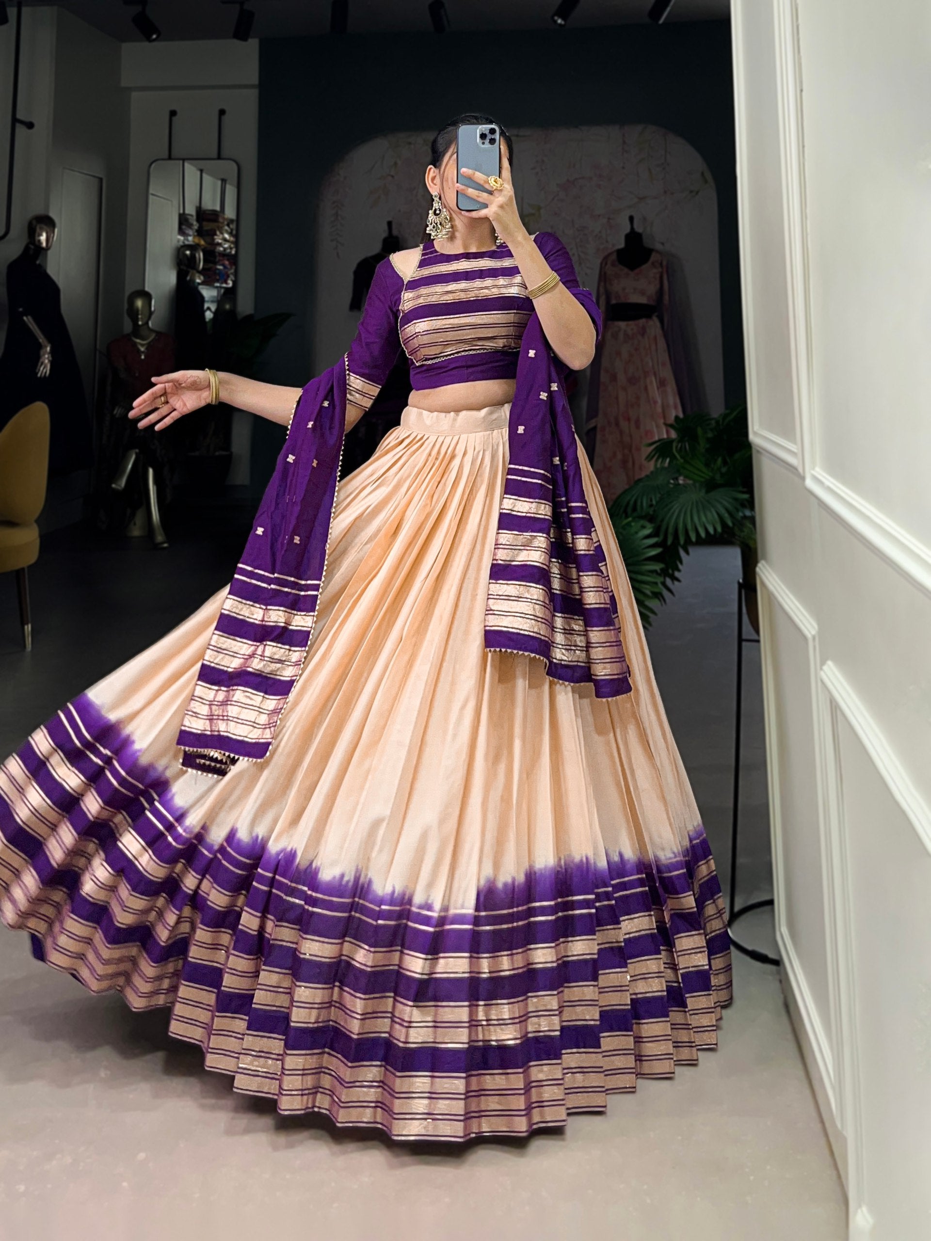 Cream-Purple Color Zari Weaving Designer Lehenga Choli