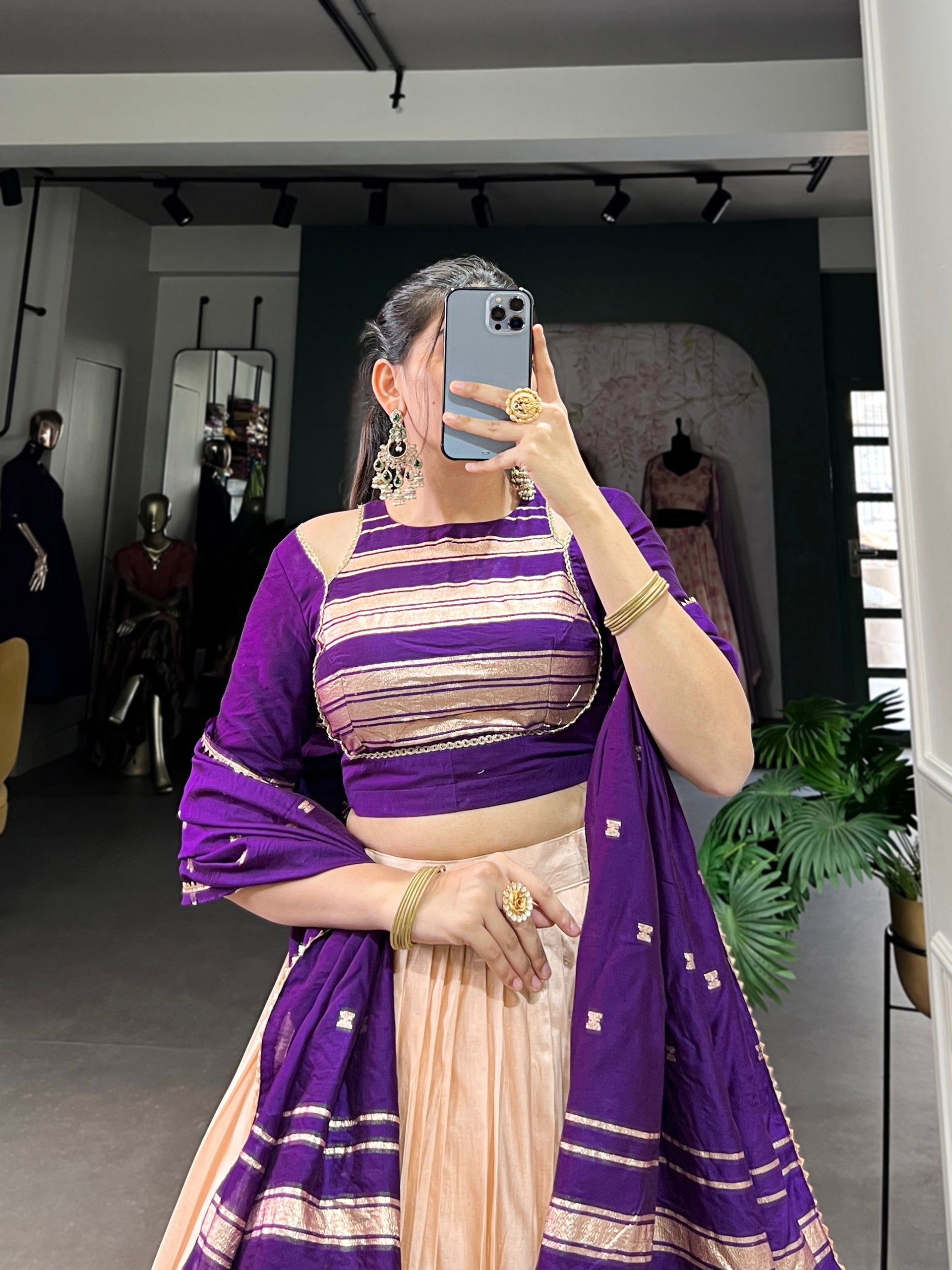 Cream-Purple Color Zari Weaving Designer Lehenga Choli