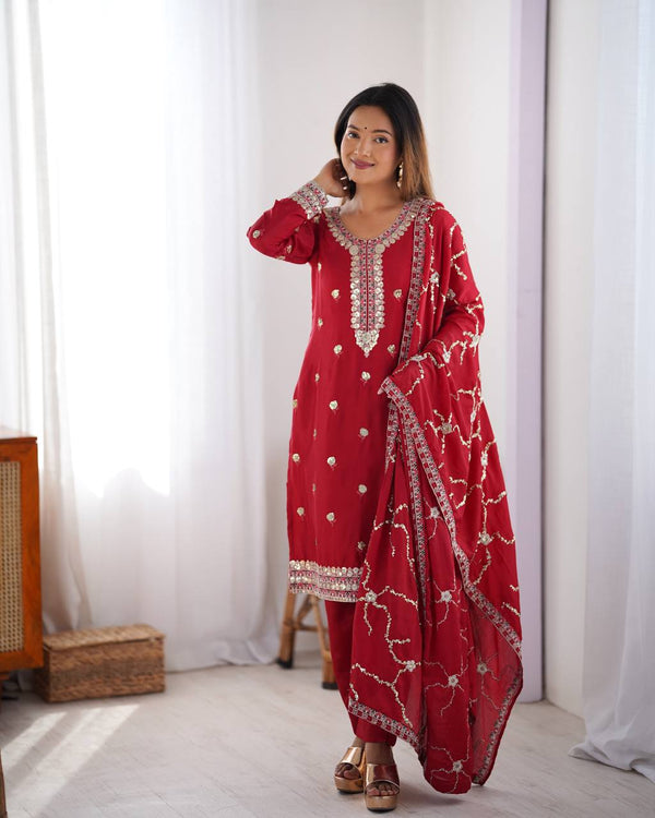 Red Color Thread With Sequins Work Salwar Suit