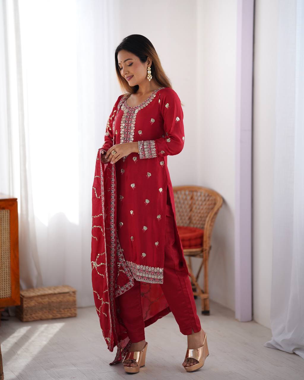 Red Color Thread With Sequins Work Salwar Suit