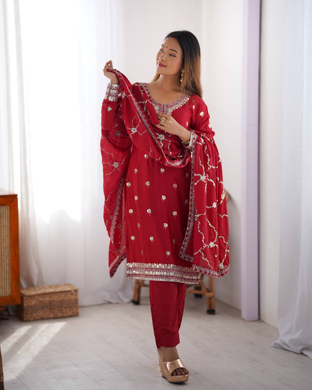 Red Color Thread With Sequins Work Salwar Suit