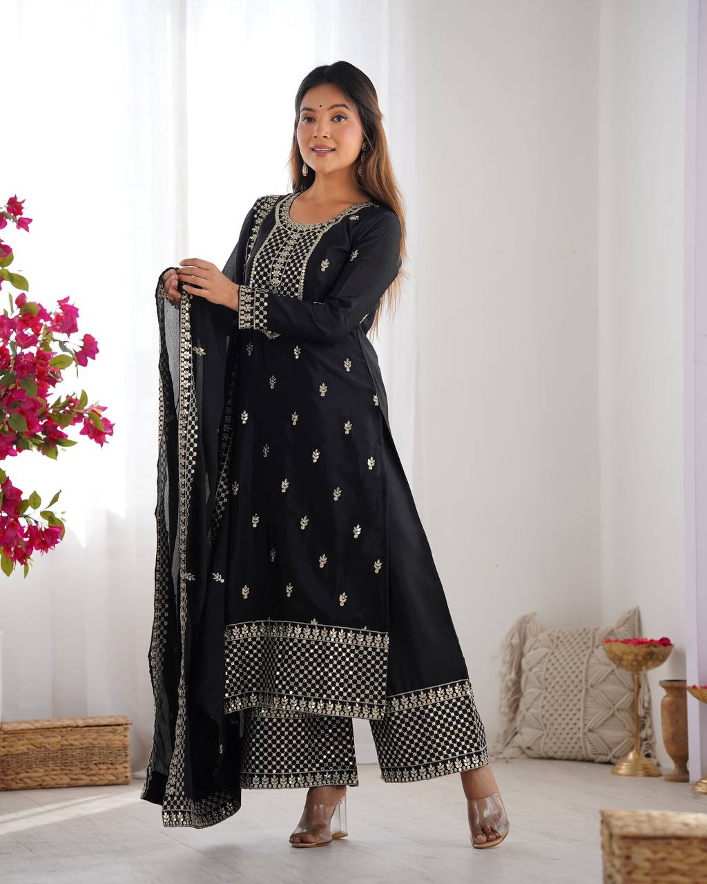 Black Color Embroidery With Sequins Work Salwar Suit