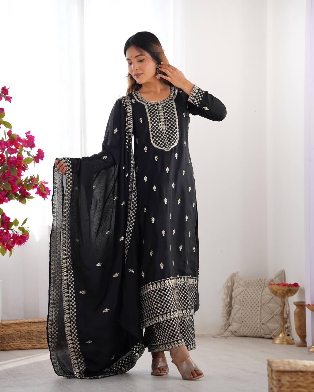 Black Color Embroidery With Sequins Work Salwar Suit